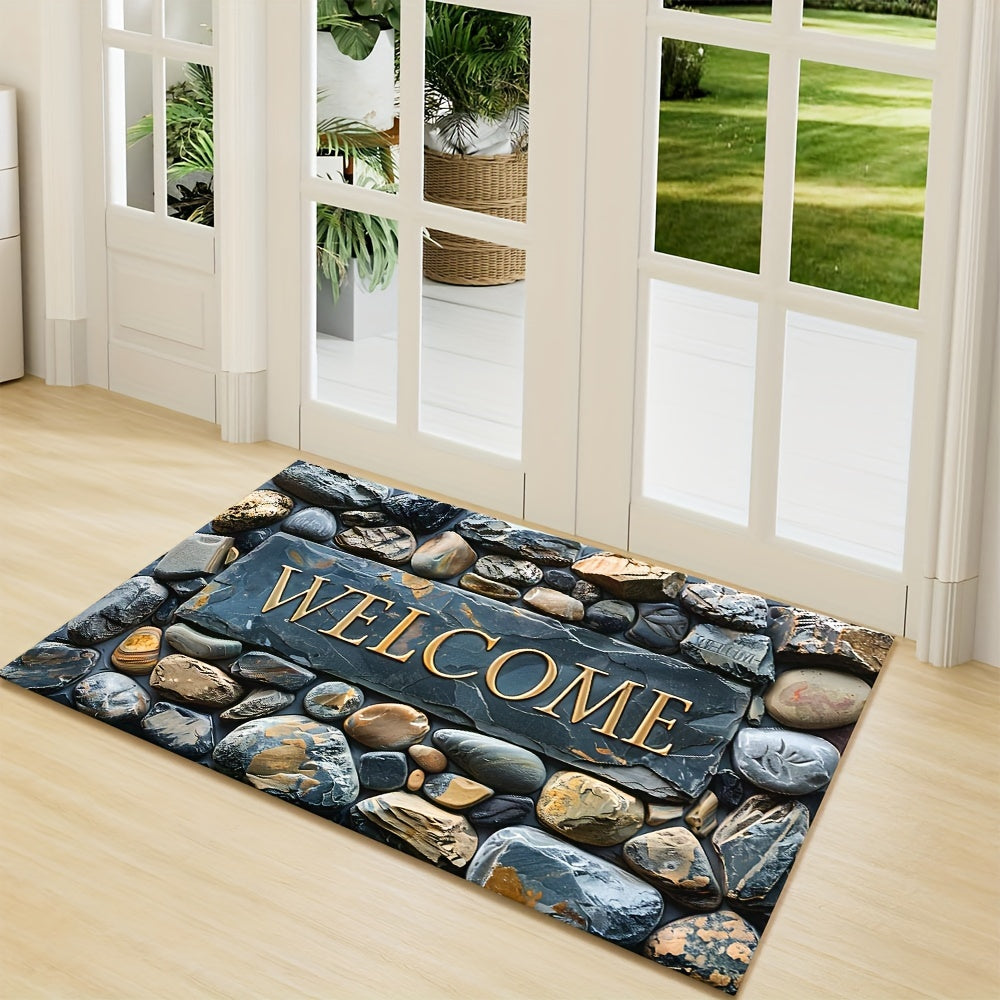 Introducing the luxurious Pebbles 3D Stone Pattern Floor Mat - a decorative delight for your home and outdoor spaces! This non-slip, waterproof, and machine washable polyester carpet features a beautiful artistic design and a luxurious texture. Perfect