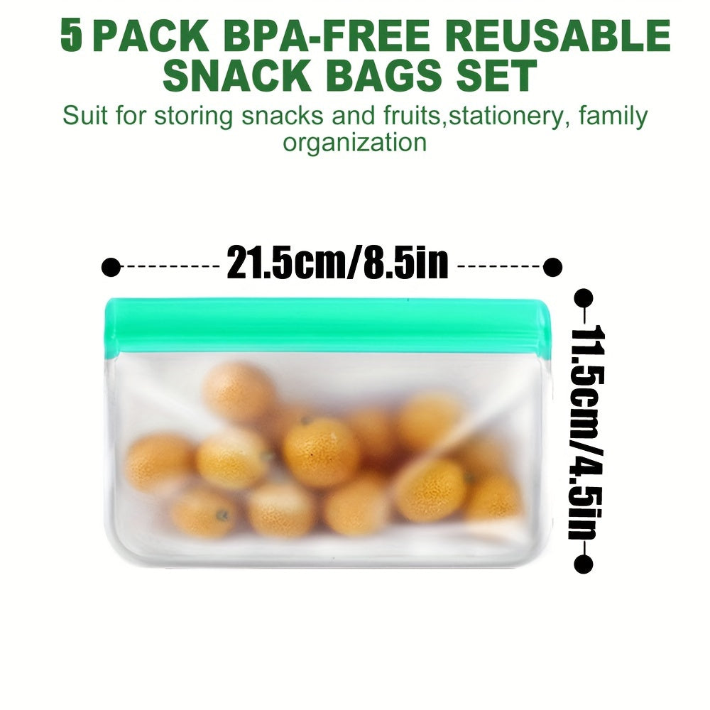 Reusable Ziplock Bags, Set of 5, Food Storage Bags for Fruits, Vegetables, Grains, and Snacks, Leak-Proof Freezer Bags with Anti-Odor Technology, Essential Kitchen Supplies