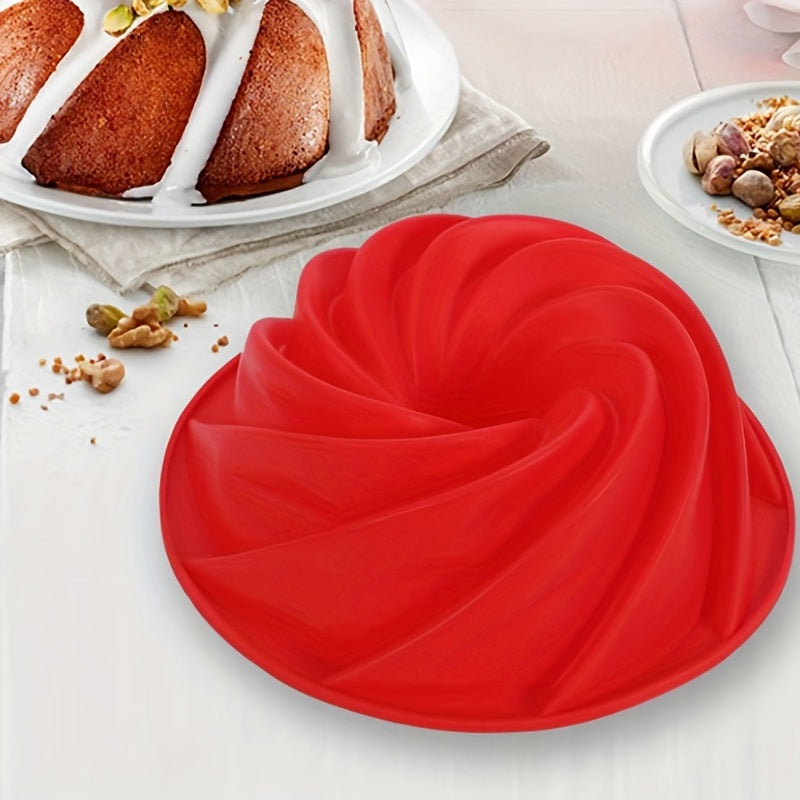 1 piece of Bunte Cake Pan (24.13cm) made of silicone for gelatinas, cakes, and breads. The nonstick pan features a spiral design, perfect for birthday parties.