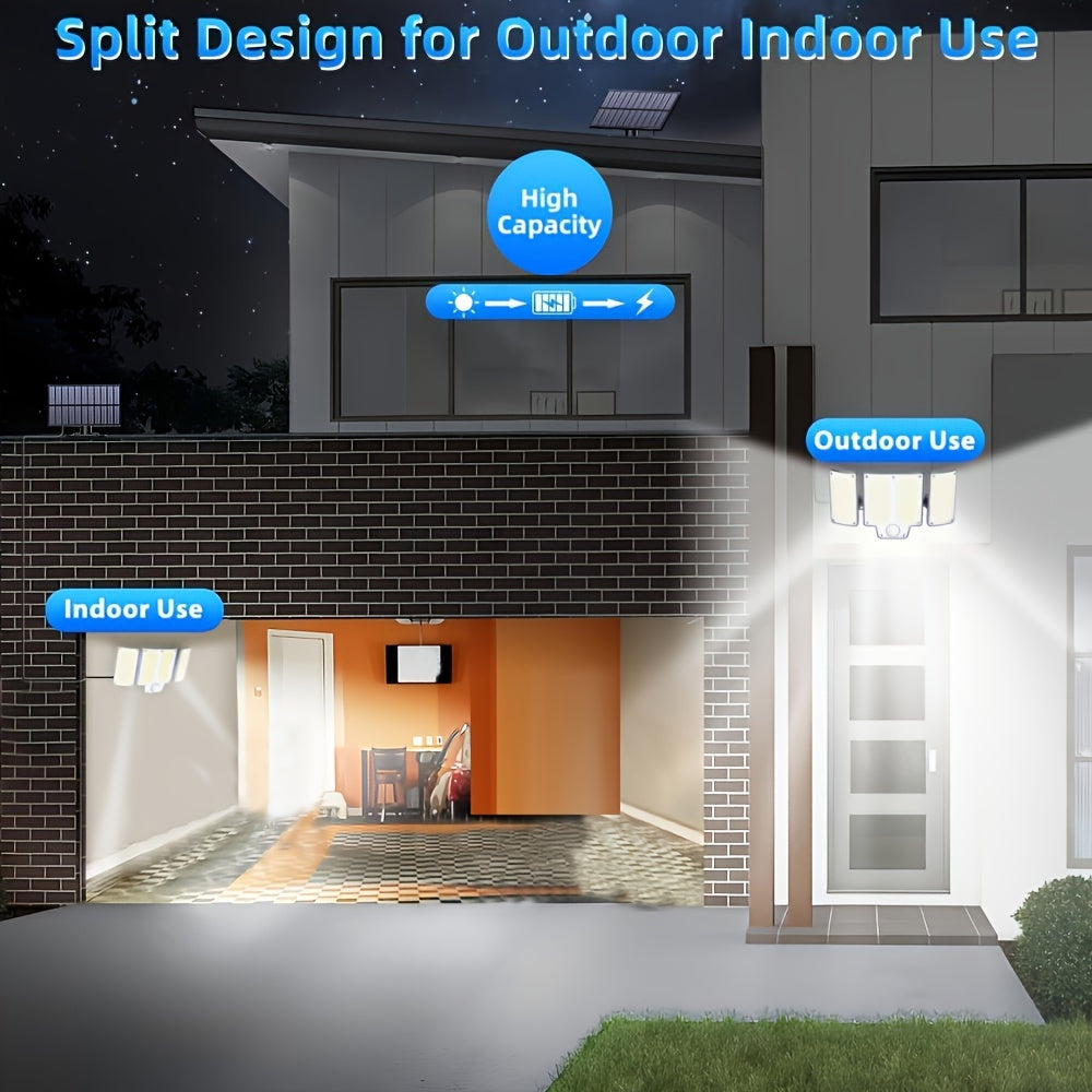 Solar floodlight with 3 heads, 280 LED lights, plastic construction, solar-powered with lithium battery, remote control, infrared sensor, 3 modes, wall-mountable, wireless, includes