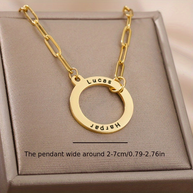 Women's Round Pendant Necklace with Custom Dual Names, Stainless Steel Pin Chain, Perfect for Everyday Wear & Christmas Present, Unique Personalized Jewelry, Circular Design, Holiday Gift