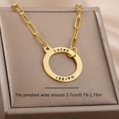 Women's Round Pendant Necklace with Custom Dual Names, Stainless Steel Pin Chain, Perfect for Everyday Wear & Christmas Present, Unique Personalized Jewelry, Circular Design, Holiday Gift