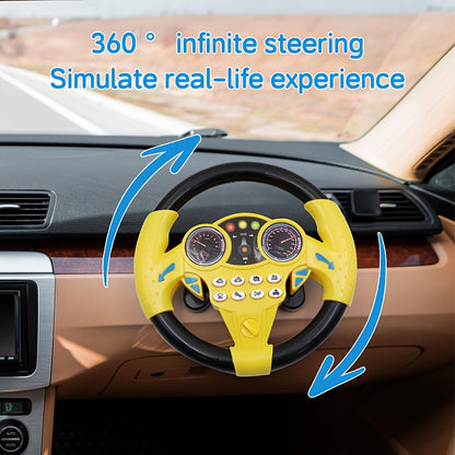 Children's driving simulator steering wheel toy with suction cups, educational interactive car wheel made of plastic. Multi-functional with sound effects in pink and yellow, perfect gift