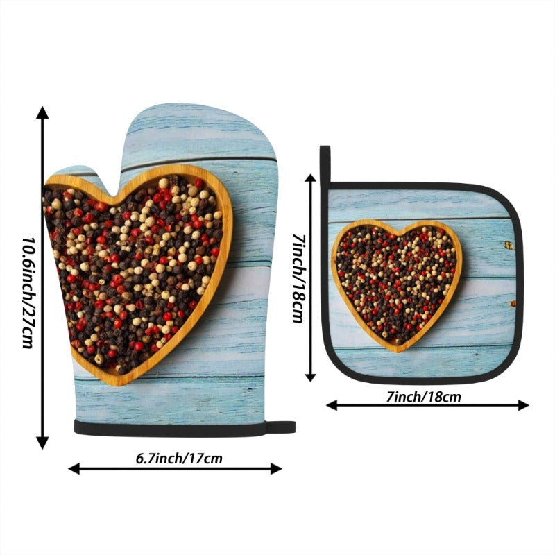 2 sets of heat resistant oven mitts and potholders with heart-shaped molds on a wooden board. Perfect for kitchen decoration, cooking, grilling, baking, and makes a great holiday gift. Suitable for use with peppercorns. Dimensions are 26.92 x 17.02 cm.