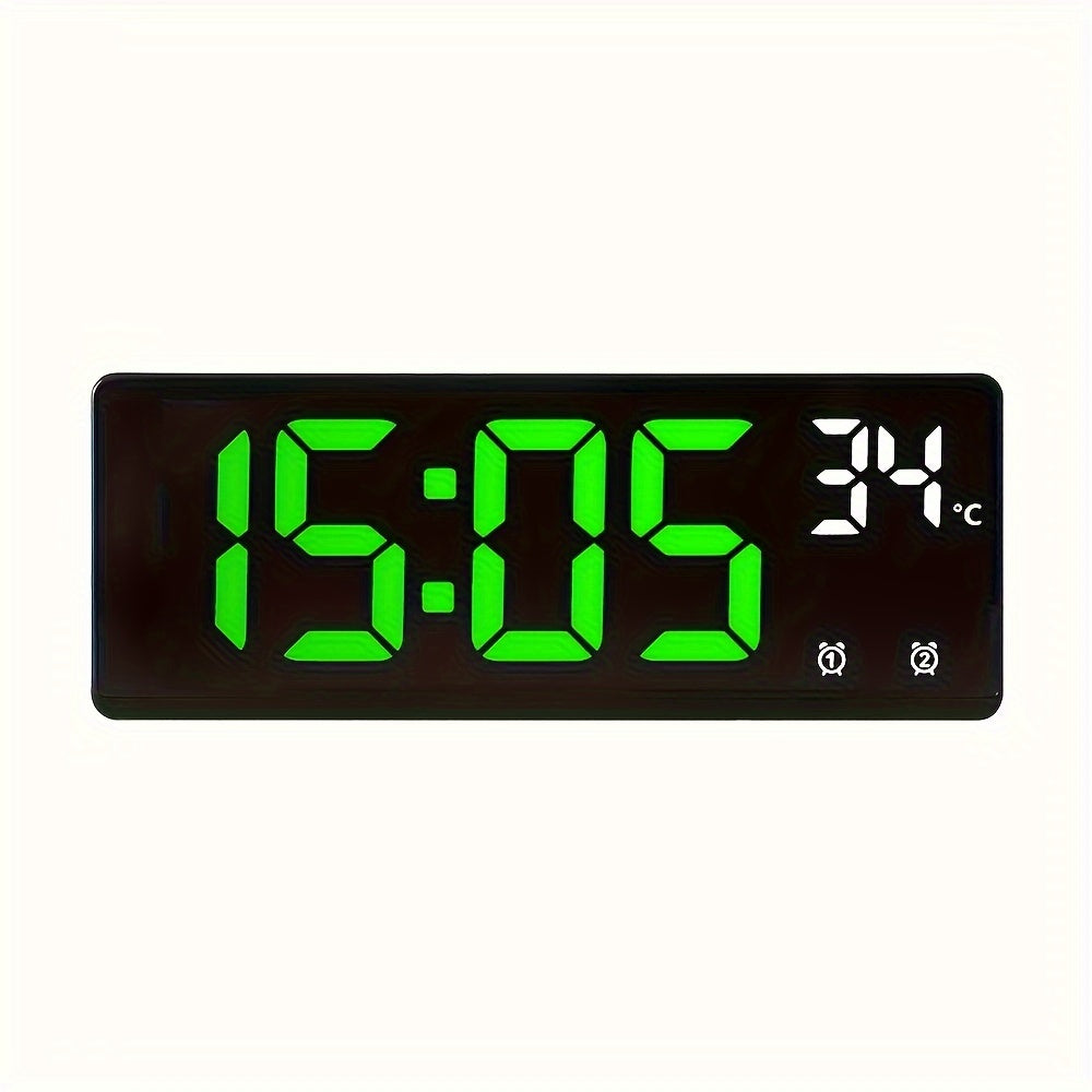 Fantasy-themed digital alarm clock with mirror surface, LED display, temperature, date, voice control, and customizable alarm settings.