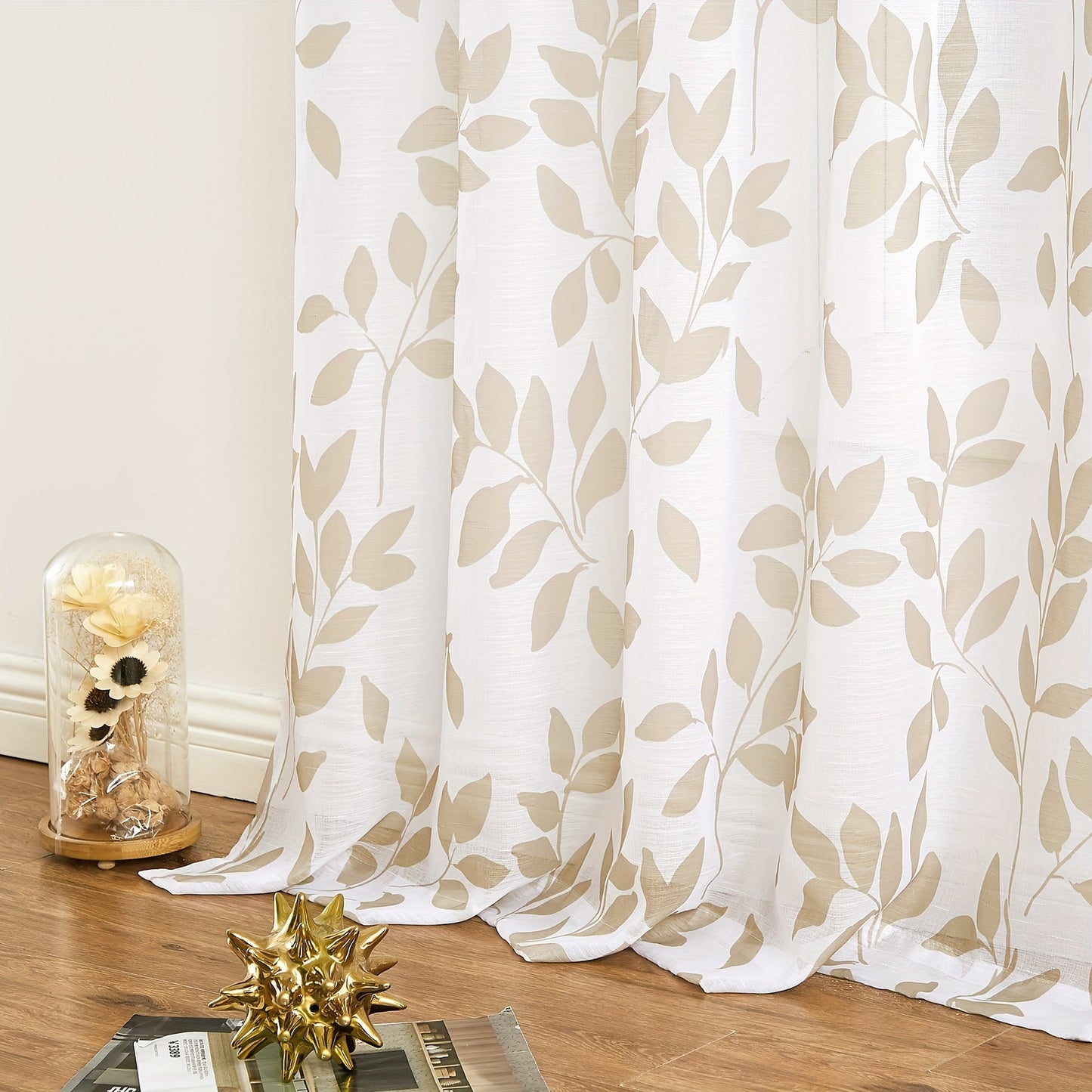 Decorate your bedroom, office, kitchen, living room, or study with these two leaf printed linen white sheer curtains. These rod pocket window treatments are the perfect addition to your home decor.