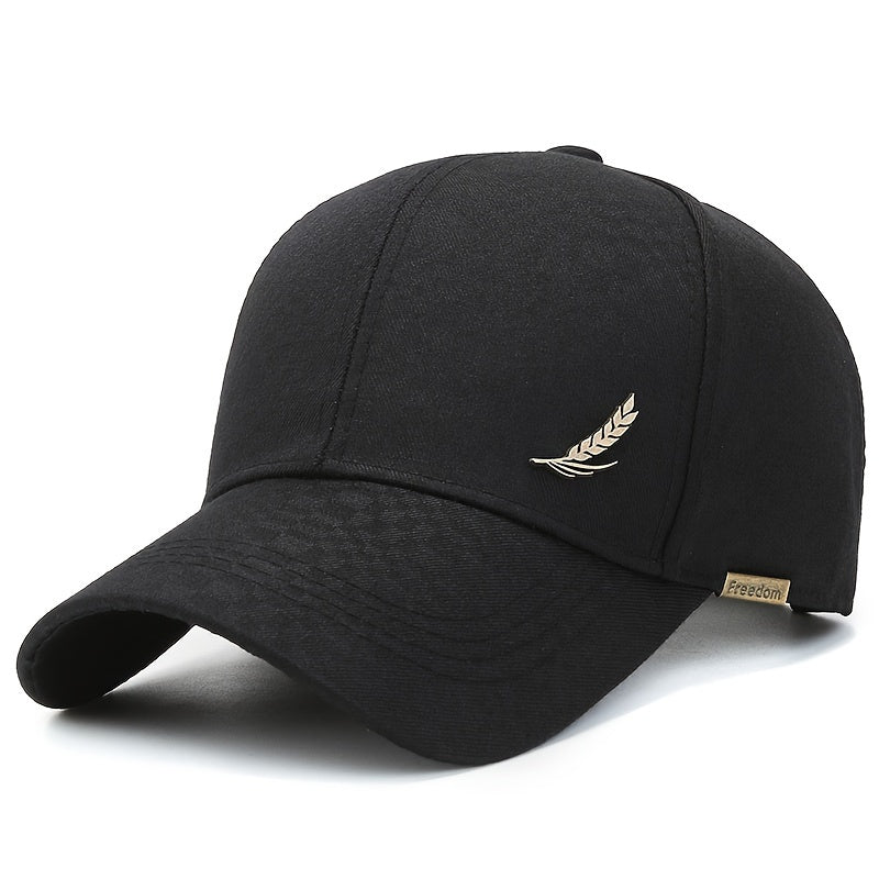 Adjustable baseball cap with wheat embroidery. Suitable for outdoor sports. One size fits most.