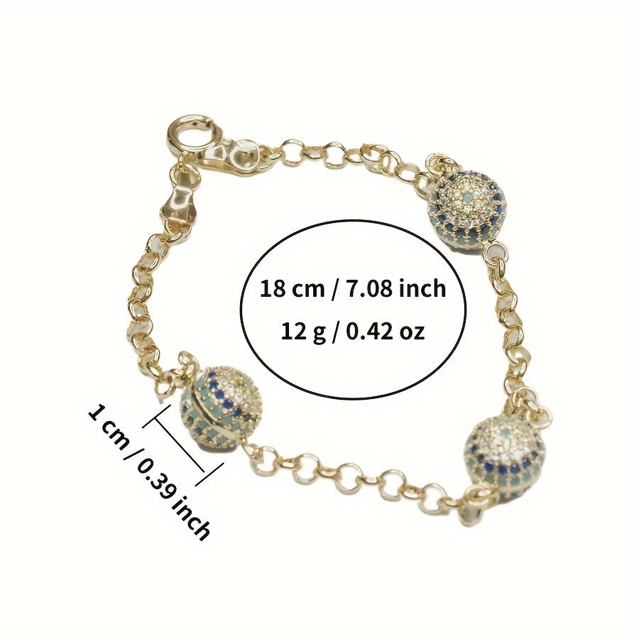 Fashionable Evil Eye Jewelry for Women: Vintage Tribal Eye Charm Bracelet featuring 18K Golden Plated Synthetic Zirconia Pave Beads, Adjustable Copper Chain - Perfect for Daily Wear and Gifts