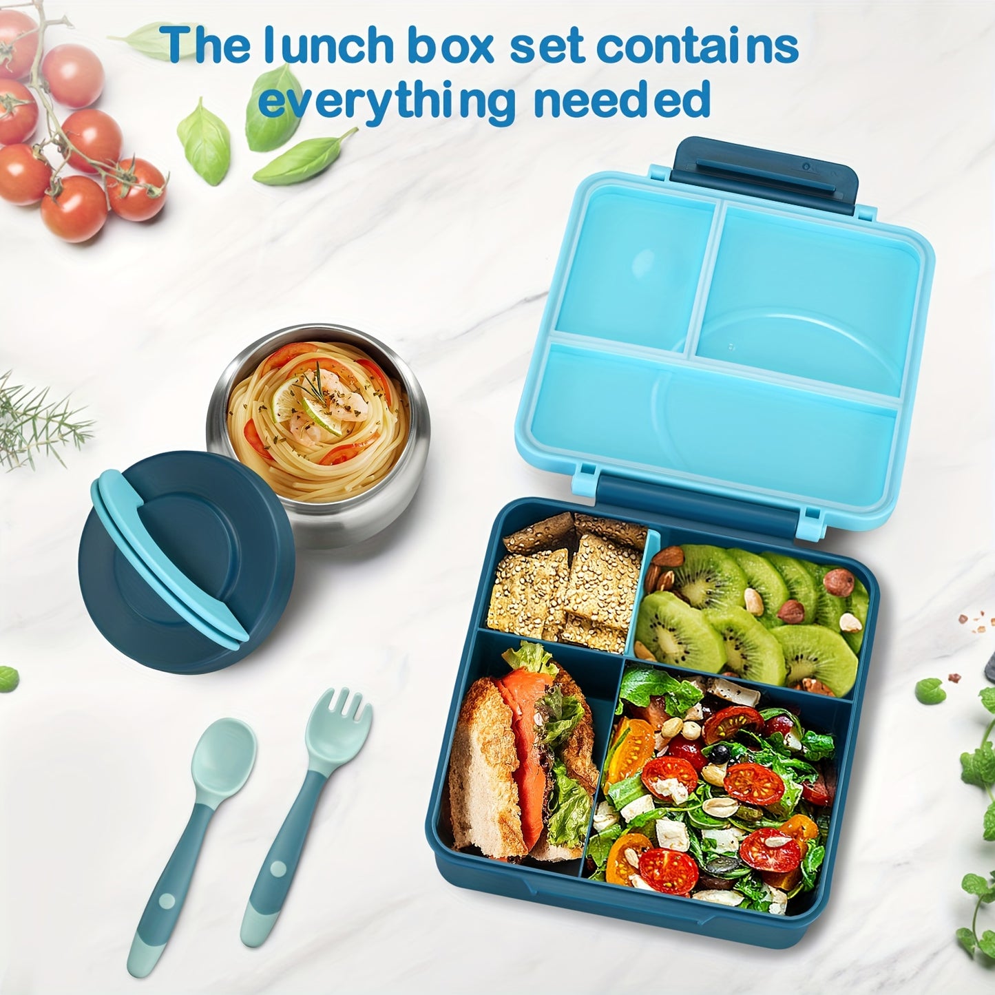 Bento lunch box set with 8oz soup thermo, leak-proof containers with 4 compartments, kids hot food jar, and insulated lunch bag.