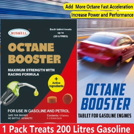 Octane booster tablets for petrol/gasoline engines improve power and performance by increasing octane levels, acceleration, reducing smoke and emissions, and eliminating knocks and pings.