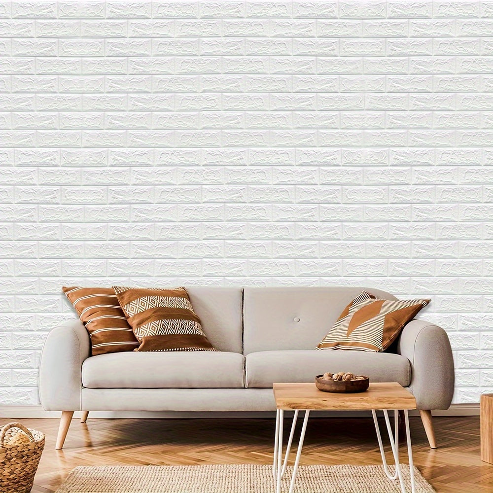 Waterproof self-adhesive wallpaper with 3D brick pattern, easy to apply for home renovation and bedroom decor.