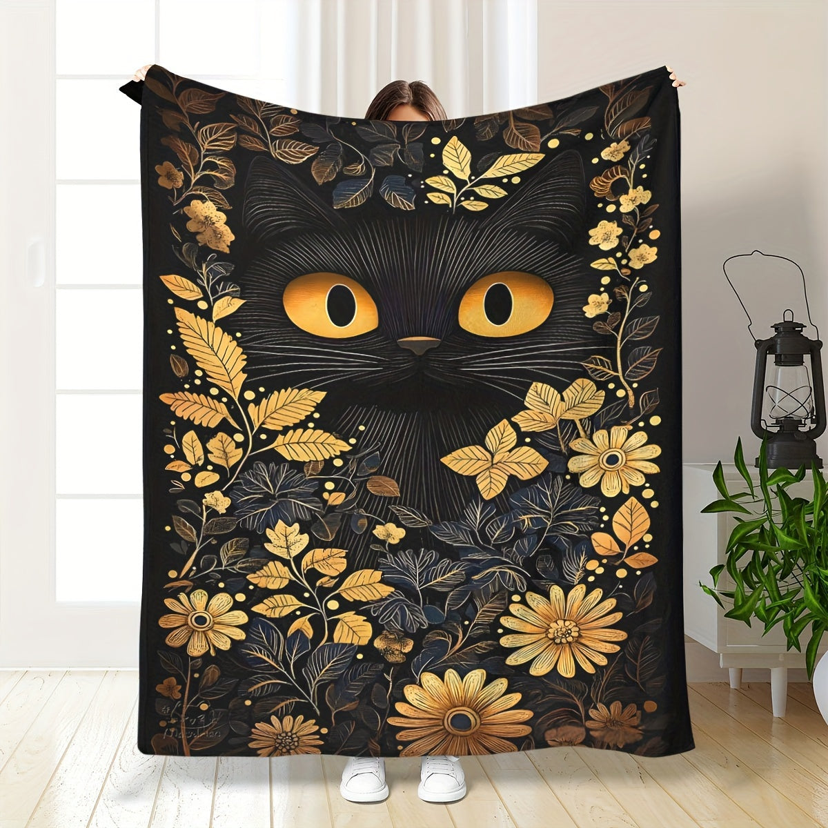 One-piece Halloween Black Cat Soft Plush Throw Blanket featuring a modern style that is suitable for both men and women. This all-season blanket is multifunctional and made from cozy flannel fabric weighing 200-250g. It has a polyester cover with a