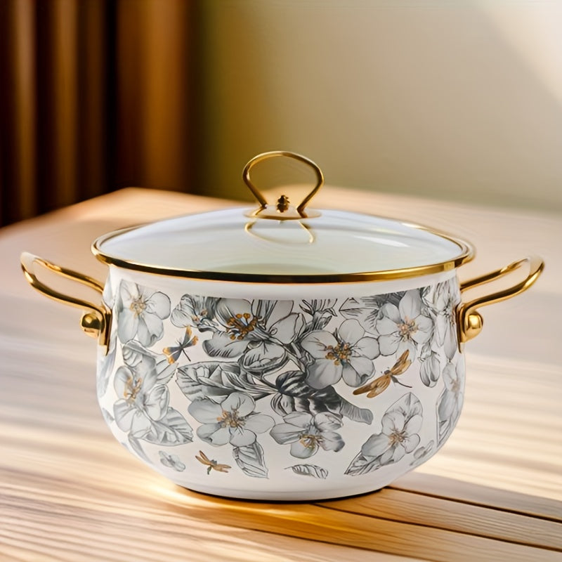 Enamel Soup Pot with Golden Trim - Featuring Dragonfly & Floral Design, Ideal for Home Cooking and Intimate Dinners