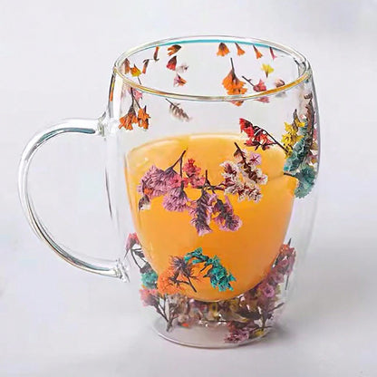 Glass coffee mug with dried flowers, double-walled espresso cups for hot drinks, perfect for all seasons, ideal for birthdays.