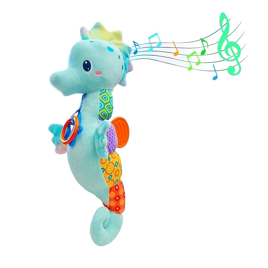 1 piece of WELLFAR Soft Plush Seahorse Toy featuring a Hidden Head Music Box, Hanging Ring, Squeakers, and Crinkle Sound Paper - Made from Polyester Fiber, this Interactive Baby Toy is Perfect for Newborns and makes an Ideal Gift for Birthdays