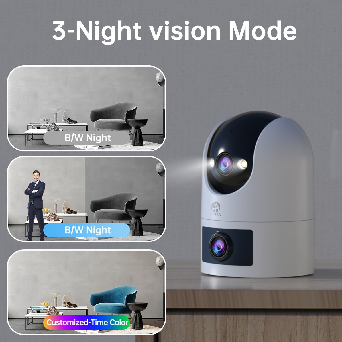 Introducing the JOOAN 1296p FHD PTZ Camera, a state-of-the-art security monitor equipped with dual-lens technology, 2-way audio, auto-tracking, wall hanging capabilities, smartphone app control, and both 2.4G and 5G WiFi compatibility. This camera is USB