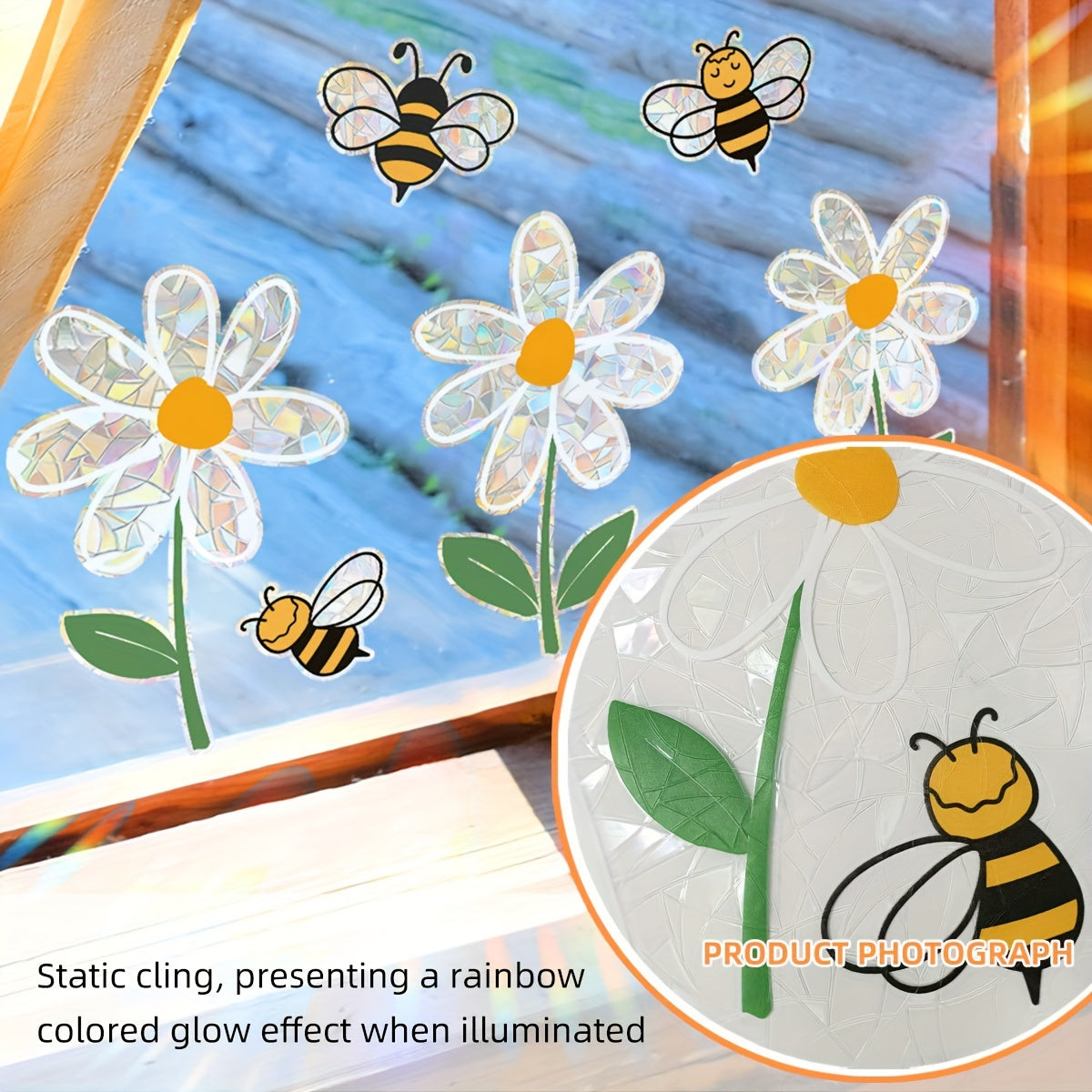 Modern Rainbow Daisy and Bee Window Clings - 5millimeters Thickness Static Cling PVC Material - Two-Sided Design - Can be Reused - Features Bee and Flower Designs for Bedroom, Balcony, Kitchen Window Decoration - Includes 1 Sheet (30x42cm) - Model