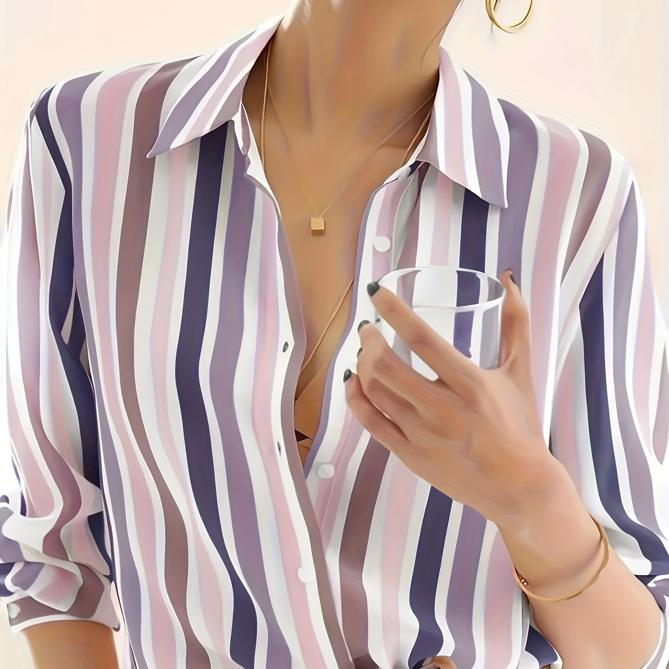 Casual striped print button-down shirt for women. Made from 100% polyester woven fabric with a lapel collar, long sleeves, and lightweight at 110g/m². Ideal for spring, summer, or fall.