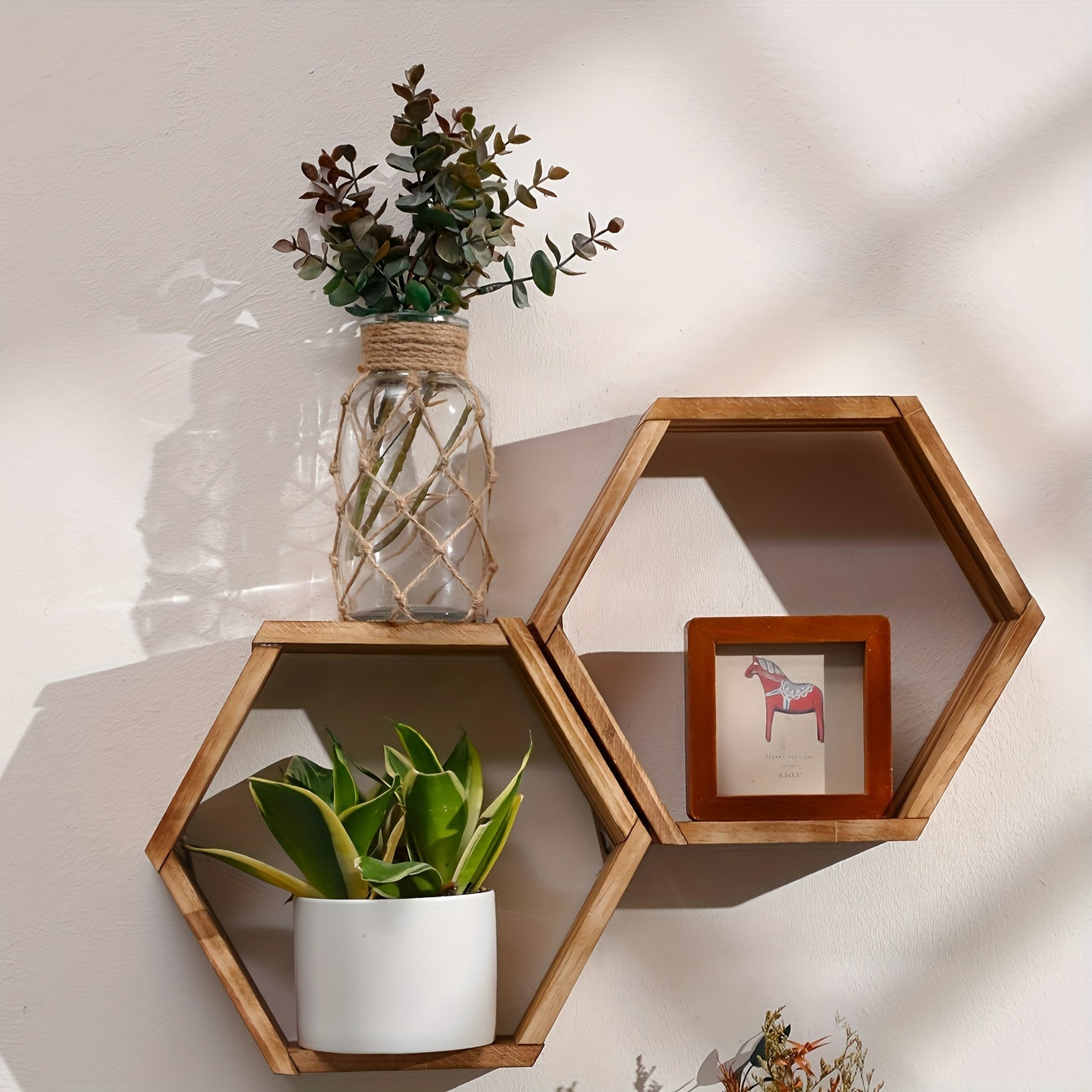 Brown Wood Hexagon Floating Shelf- Ideal for Bedroom and Living Room Decor- Wall-Mounted DIY Home Accent