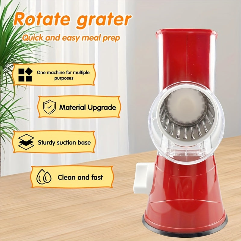 3-in-1 manual food grater set with 3 replaceable blades for cheese, vegetables, and fruit. Large tabletop drum for easy slicing. Rotary grater for easy cleaning and grinding of fruits