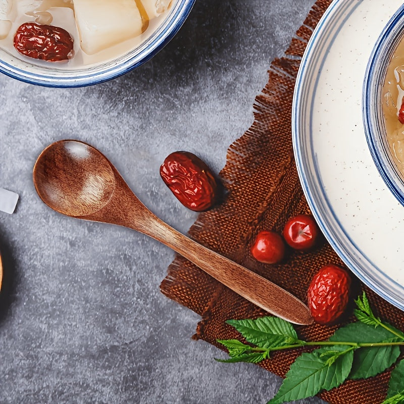 Set of 5 handcrafted Japanese wooden spoons for coffee, honey, and seasoning. Rustic small teaspoons with natural finish for cooking and serving.