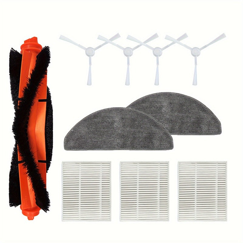 Replacement Parts Kit for Xiaomi E10 B112/E12/3C Plus C103 Robot Vacuum includes 1 Main Brush, 4 Side Brushes, 3 Filters, 2 Mop Cloths, and a Plastic and Cloth Floor Attachment Set - 10 pieces in total.