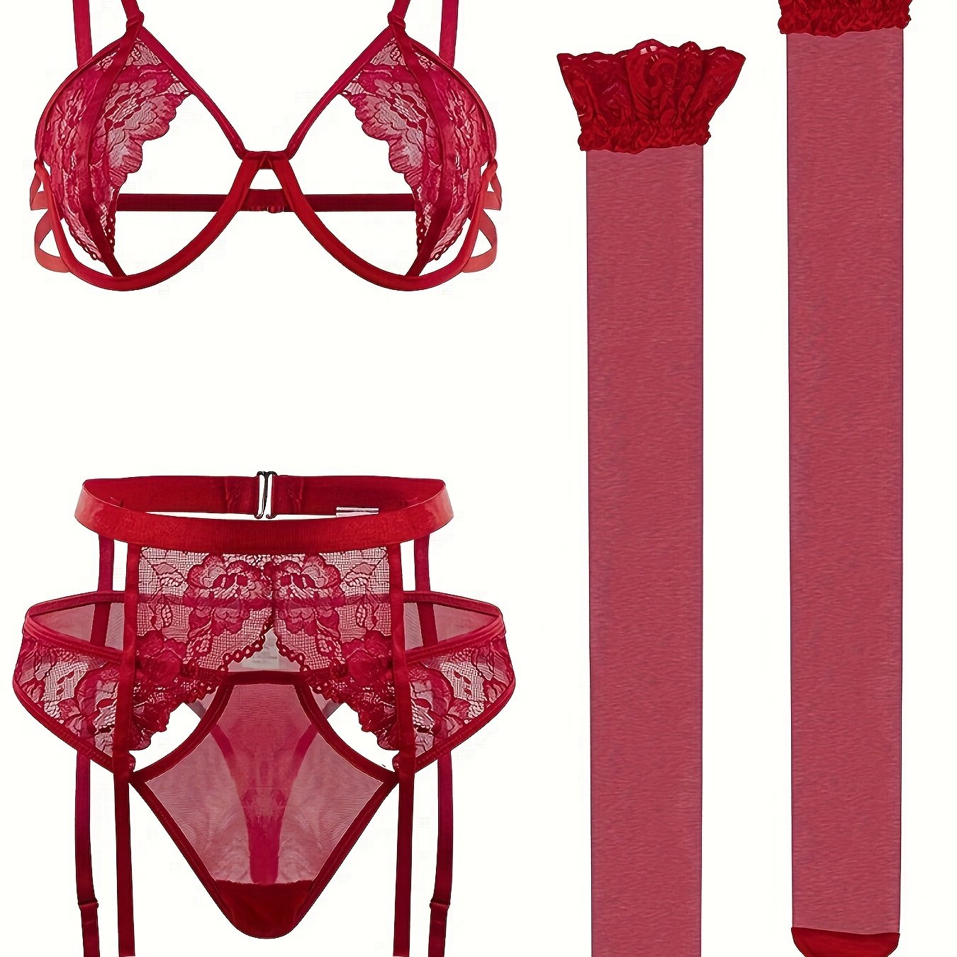 4-piece lingerie set features lace detailing, sexy panties, see-through stockings, and detachable garters with steel rings.