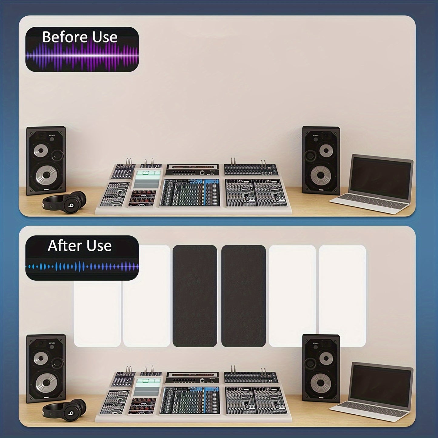 Studio-grade soundproofing panels available in black/white, measuring 60.96cm x 30.48cm x 1.02cm, ideal for recording rooms, offices, and gaming spaces. Helps reduce noise and cancel echoes.