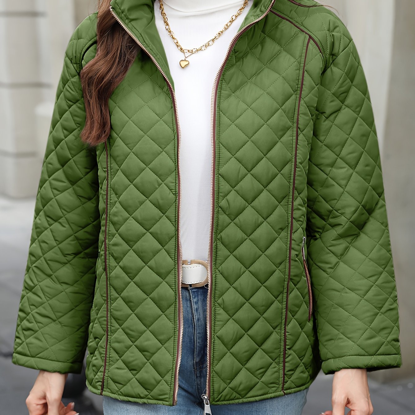 Women's plus size quilted jacket with zipper closure, polyester material, long sleeves, solid color, autumn/winter outerwear.