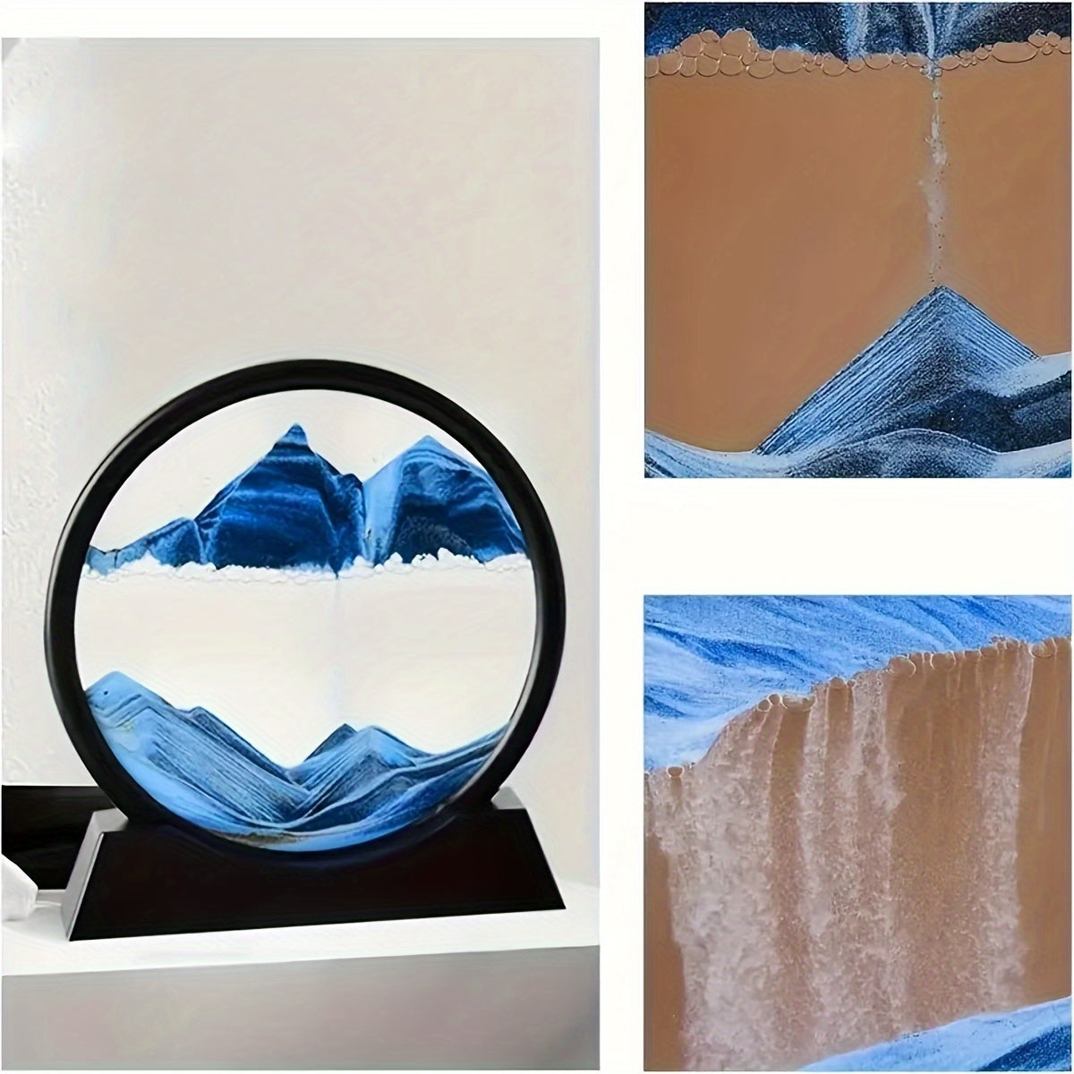 Large round glass frame with flowing sand creates a 3D deep sea scene as a relaxing home and office decoration.