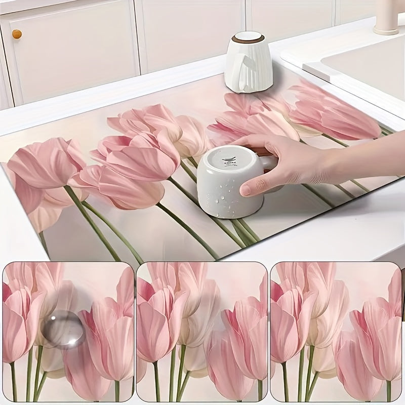 1 piece of Floral Printed Dish Drying Pad, Absorbent Mat for Countertops, Drain Pad for Washstand, Soft Mat for Faucets, Cup Mat for Washstand, Kitchen and Bathroom Accessories.