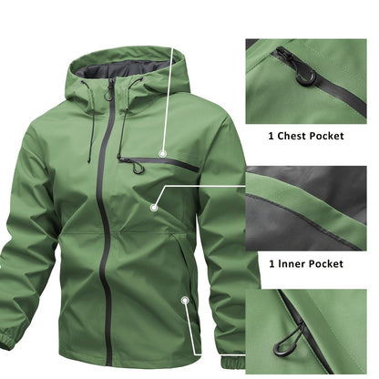 Outdoor men's jacket 1825 with windproof and waterproof design, hood, solid color, and multi-pocket.