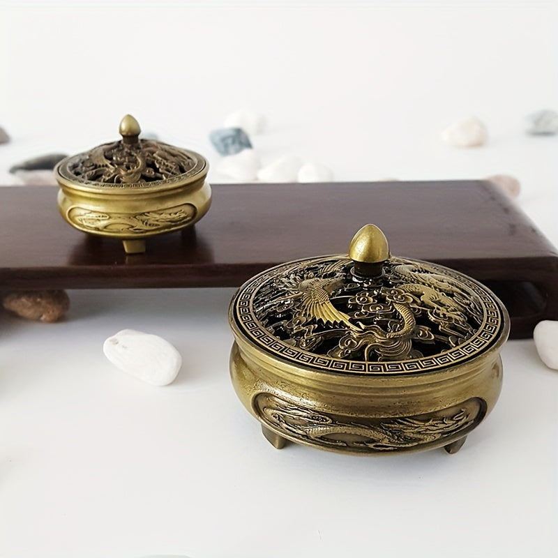 Dragon and Phoenix Hollow Incense Burner for Zen Home Tea Set with Sandalwood Incense Plate Holder