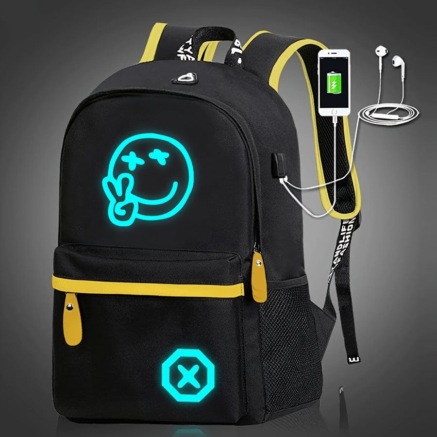 Glow-in-the-dark cartoon backpack with USB charging, adjustable straps, and zip closure. Perfect for daily use for school or commuting.