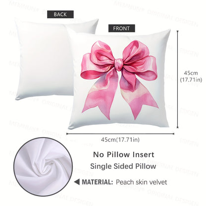 Chic pink bow print throw pillow cover, 44.96x44.96cm, contemporary style, 100% polyester with zip closure. Machine washable, perfect for living room sofa and bedroom decor. (Pillow insert not included) Great for couches.