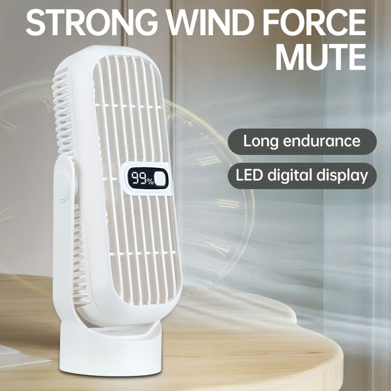 The JKUOO Ultra-Quiet USB Rechargeable Desktop Tower Fan features a sleek leafless design with a polished finish. It has 5 speed settings and a convenient LED display for easy control. This portable fan is safe for use in any space, including home