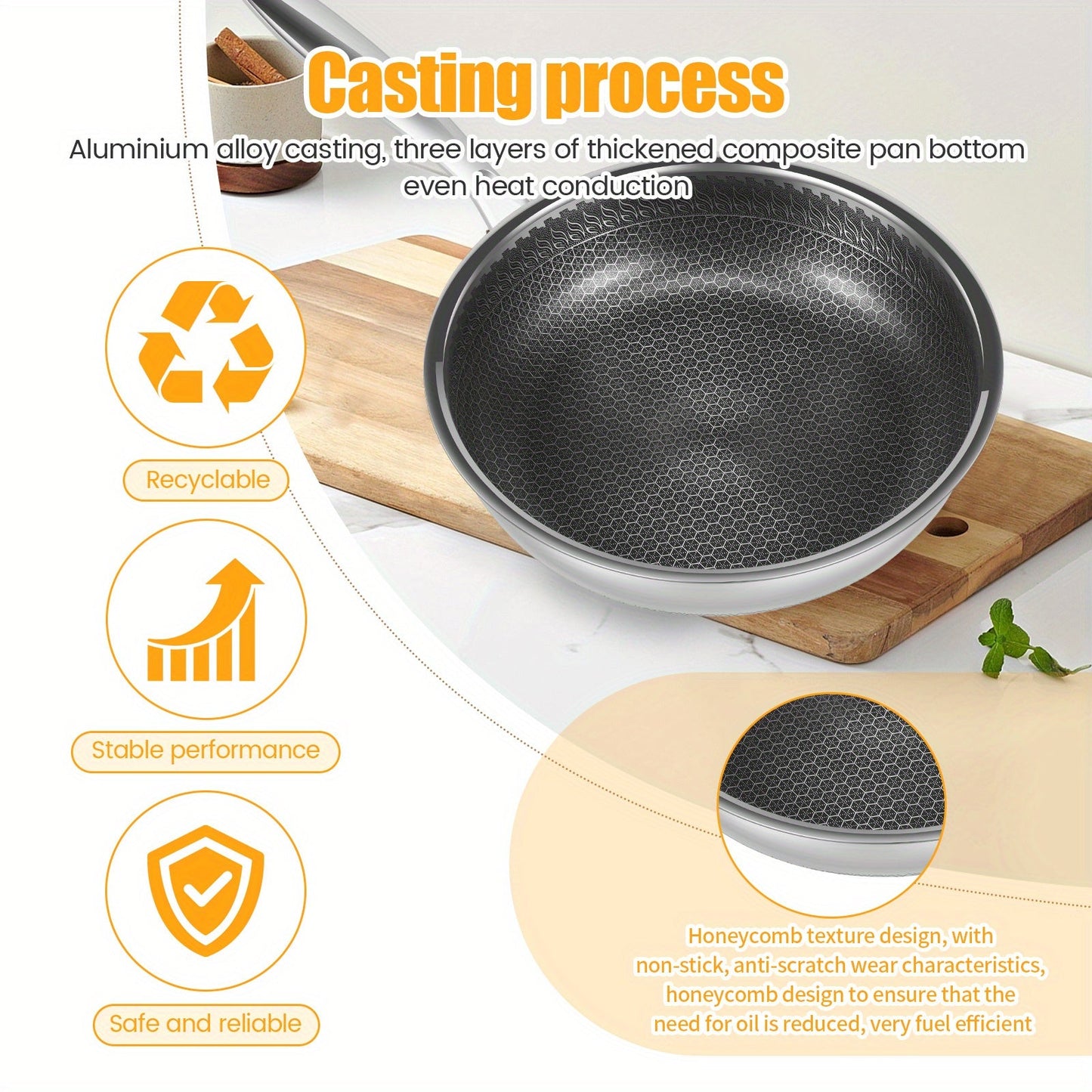 Stainless Steel Frying Pan with Lid, Honeycomb Nonstick Cooking Skillet - Jetcloud 25.4 cm - Anti-Scratch Induction Compatible - Detachable Handle - Dishwasher Safe - Premium Kitchen Cookware