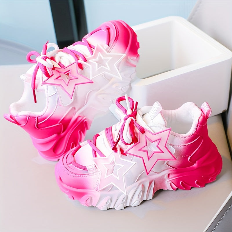 Trendy chunky sneakers for girls in pink and white gradient with star pattern, soft sole, perfect for school, sports, and outdoor play.