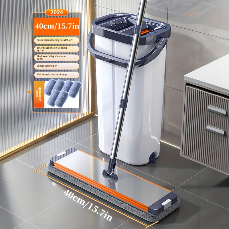 Introducing the Flat Squeeze Mop and Bucket Set with Self-Cleaning System, Constructed from Durable Metal. This manual cleaning system is perfect for home cleaning, with versatile use in living rooms, bedrooms, bathrooms, toilets, and kitchens. The set