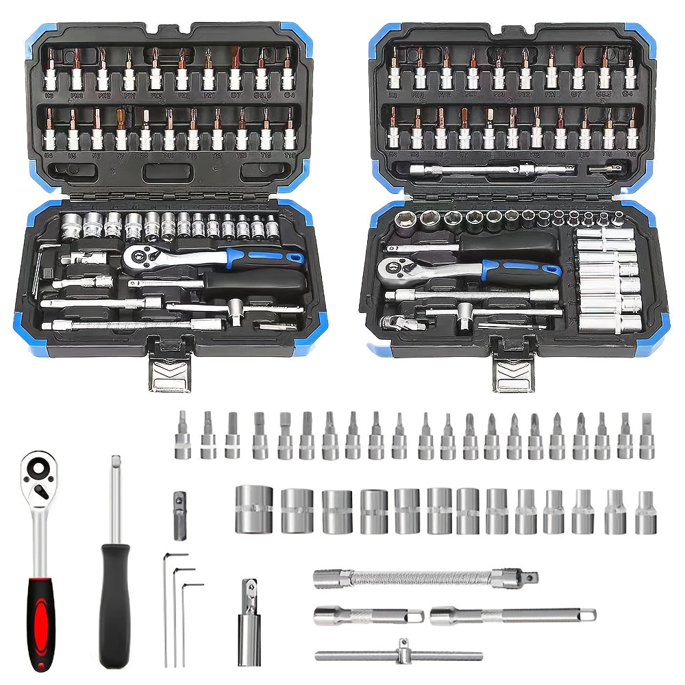 High-end Professional 53&46pcs 1/4 inch Drive Tool Set for automotive and home repair, includes ratchet wrench, metric sleeves, and extension bar with storage box.