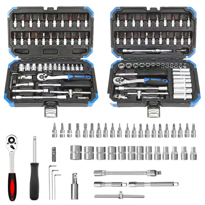 High-end Professional 53&46pcs 1/4 inch Drive Tool Set for automotive and home repair, includes ratchet wrench, metric sleeves, and extension bar with storage box.