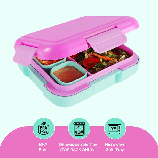 Caperci Large 4.8 Cup Bento Box in Pink - A Popular Choice for Leak-Proof Lunches on-the-Go! Features 4 Compartments, Dual Modular Containers, Portable Handle, Microwave/Dishwasher Safe, BPA-Free - Perfect for School, Work, Camping & Picnics