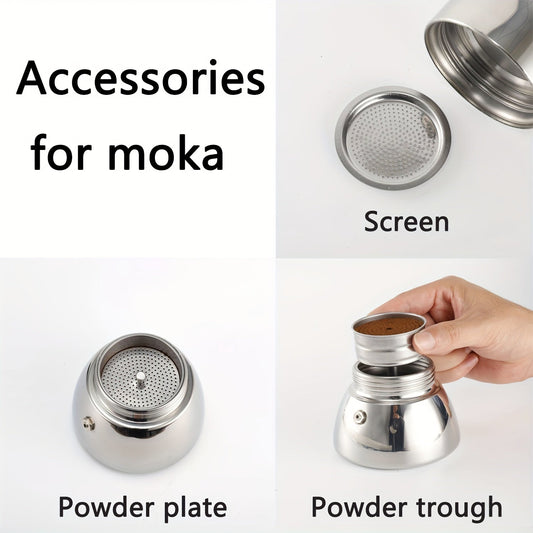 A set of stainless steel accessories for Moka Pot including a tamping plate, filter screen, and powder tank, offered in a variety of sizes. Perfect for Moka Pot and coffee pot use.