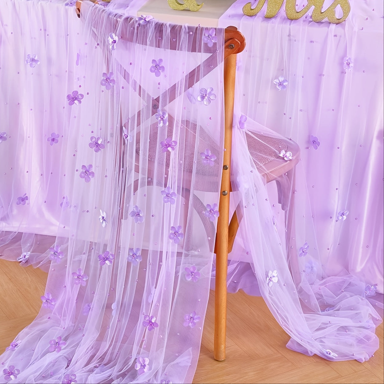 Elegant pearl bead tulle table runner, perfect for weddings and parties. Can also be used as a chair sash or backdrop drape. Made from 100% polyester fabric with delicate bead detailing.