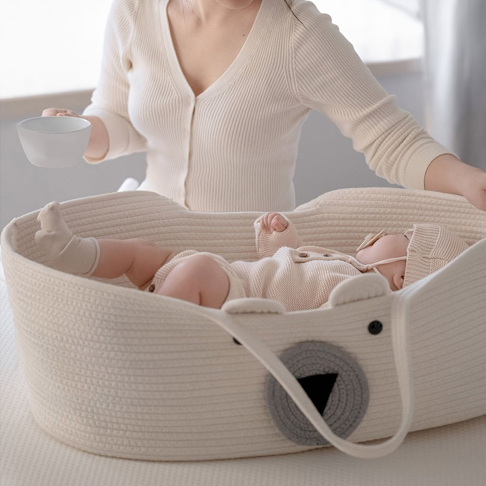 The LA DEARCHUU Portable Baby Crib features a charming Bear Design and a Foldable Fabric Cradle. It also includes a Multifunctional Weaving Storage Basket in Beige/Khaki. This product does not require batteries and is suitable for Newborns up to 3 years