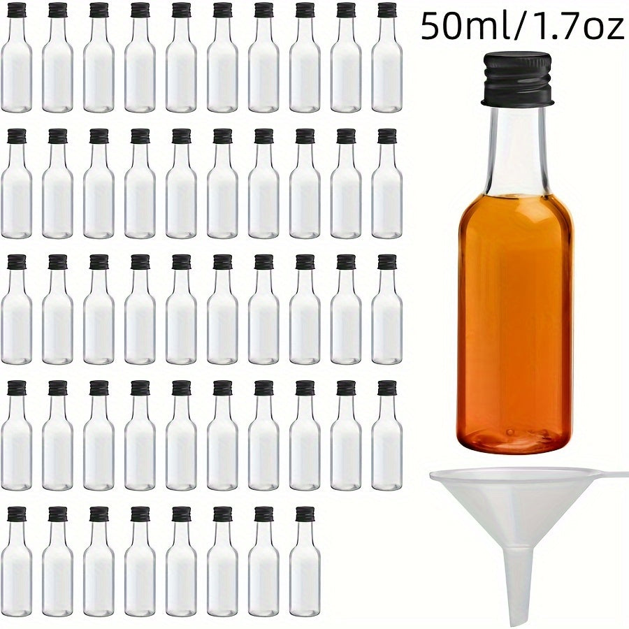 50 reusable plastic mini liquor bottles in 0.85oz and 1.7oz sizes, perfect for weddings and birthdays. Ideal for alcohol, juice, wine, or hot sauce.