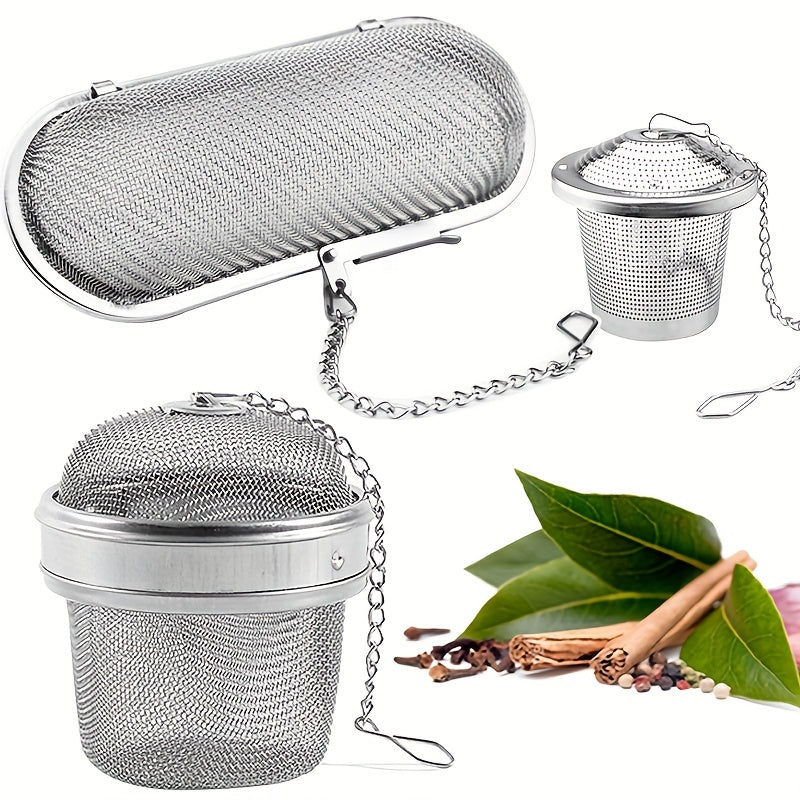 A tea infuser made of durable stainless steel featuring a 304 mesh strainer, perfect for brewing loose leaf tea, spices, and seasonings. This kitchen gadget comes with a convenient chain hook for easy removal from your cup or pot.