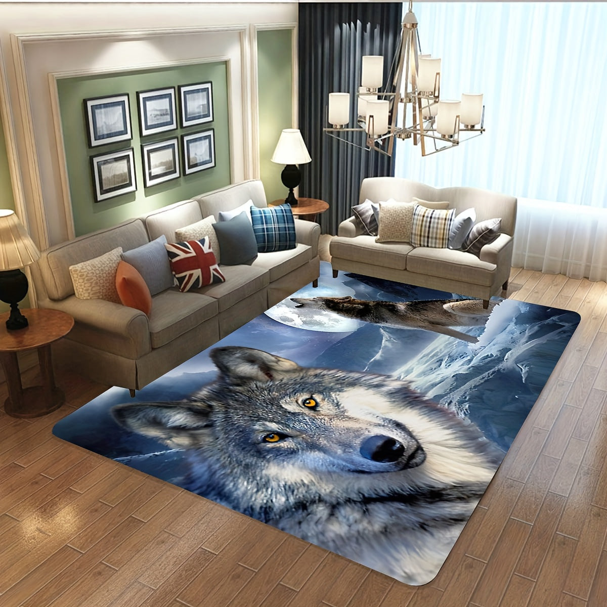 Decorate your home with this stunning 1-piece 3D snow wolf print rug, featuring a psychedelic motif design. This washable soft floor mat is perfect for any room in your home, including the living room, bedroom, bathroom, kitchen, laundry room, office