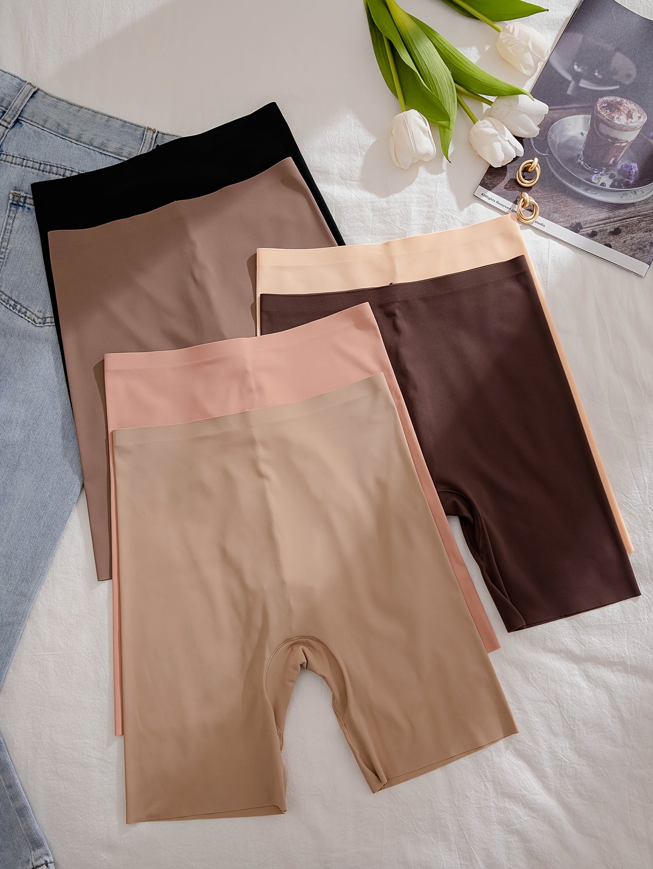 6-pack of high-waisted, flat-leg safety pants for women with traceless design, anti-slip technology, and butt-lifting and abdomen-tightening features.