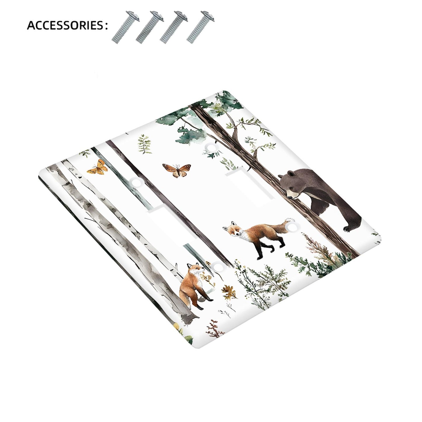 Forest wildlife animal themed light switch cover, featuring moose, deer, fox, and bear. No battery needed. Perfect for home decor in bedrooms, kitchens, and rooms. Available in 1-gang or 2-gang sizes.